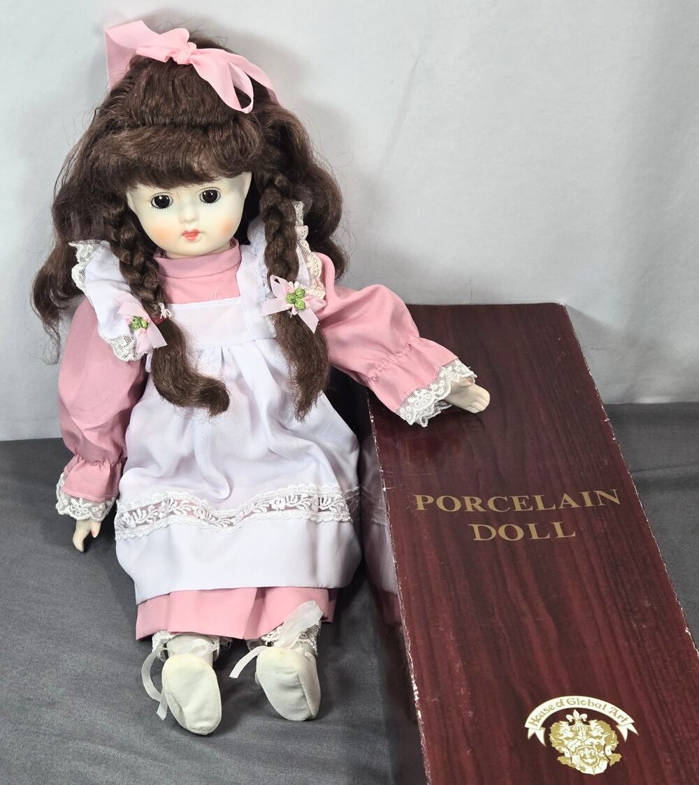 Vtg 16" Porcelain Doll House of Global Art Pink Dress Braids Brown Hair With Box